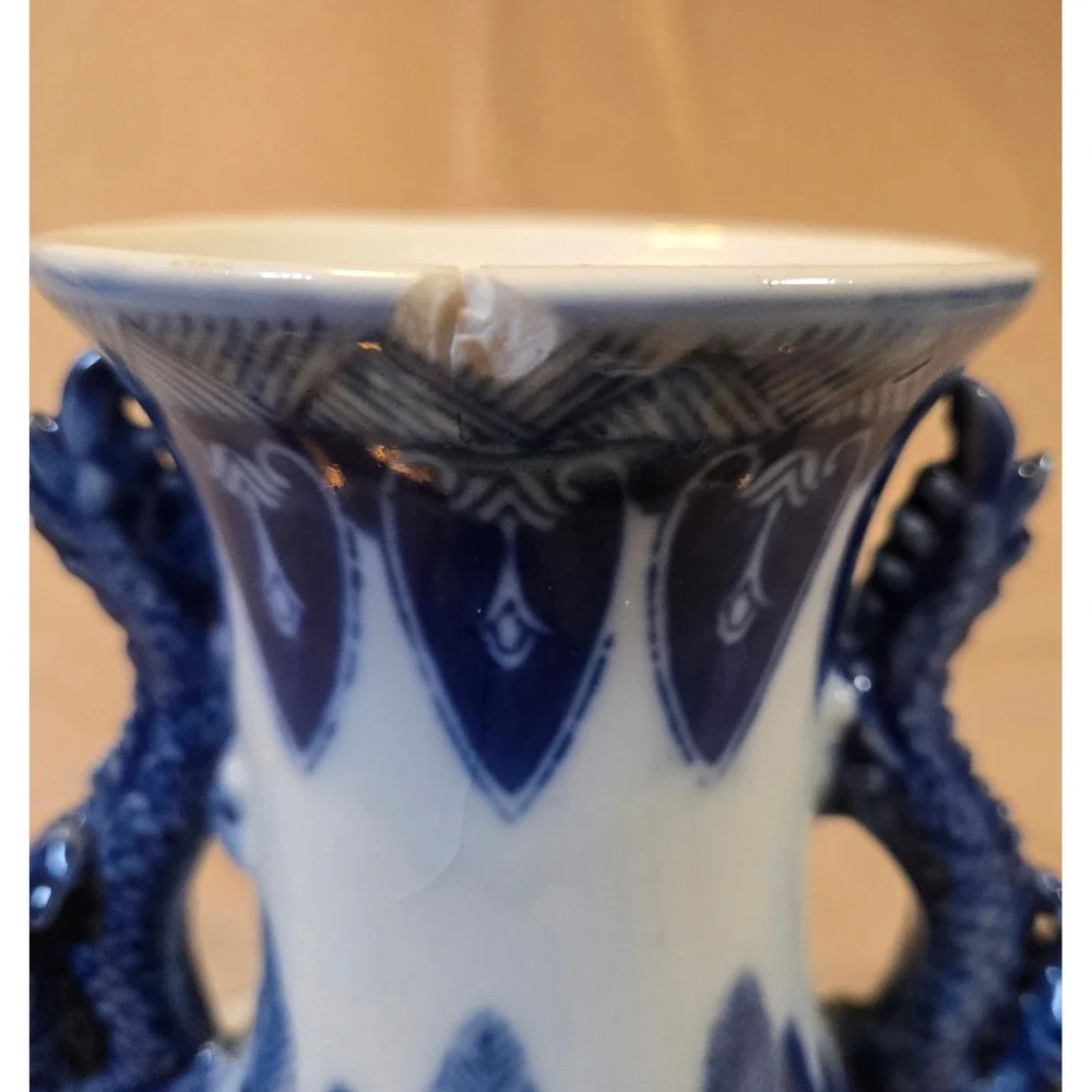 Vintage Chinese Blue White Porcelain Dragon Phoenix Vase Dragon Handles 10